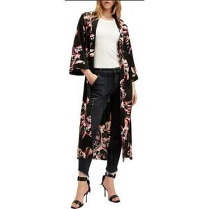 Nikki Erin Womens L/XL Long Kimono Open Front Lightweight Floral Lace Edged